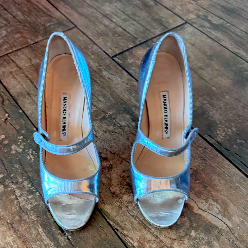 Manolo Blahnik silver Mary Jane’s